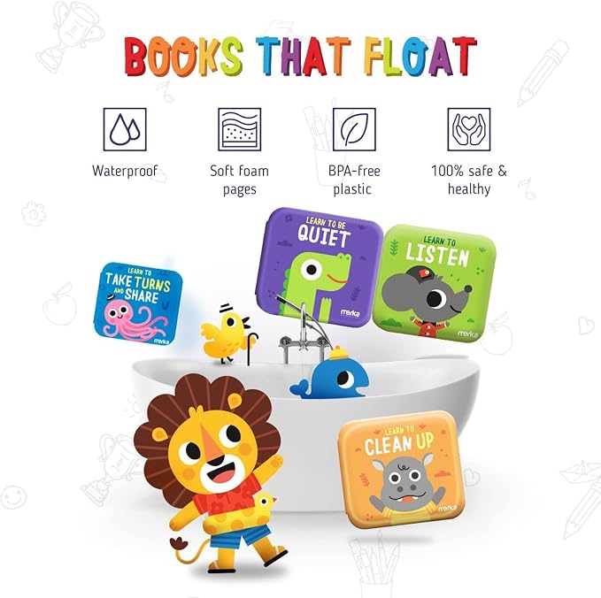 merka Baby Bath Books for Toddlers, 4 Pack Waterproof Bathtime Books, Bath Toys Floatable in Bathtub, Learn Take Turns, Clean Up, Listen, Quiet