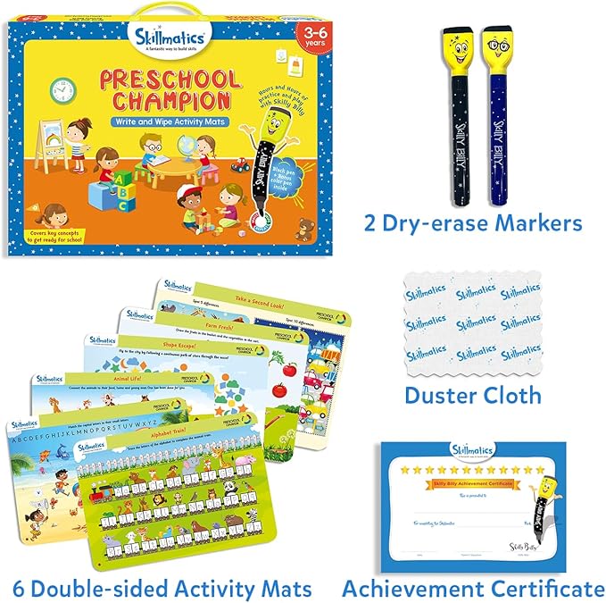 Skillmatics Educational Game – Preschool Champion, Reusable Activity Mats | Write and Wipe Boards with 2 Dry Erase Markers, Learning & Travel Toy, Screen-Free, Gift for Kids Ages 3, 4, 5, 6