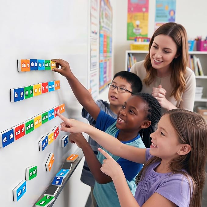 112 PCS Magnetic Phonics Dominoes, Magnetic Phonics Tiles — Simply Magic | Blend and Digraph Games for Classroom & Homeschool, Reading Manipulatives for Kids 6-7-8 years, Phonics Games, Word Building