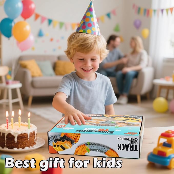 Construction Race Car Track Set for Kids - Flexible Engineering Toys with 2 Electric Cars, Birthday Gift for 3 4 5 6 7 Year Old Boys, DIY Road Games Playset with 220+ PCS