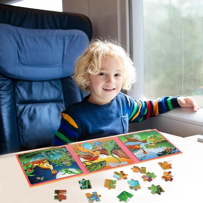 Magnetic Puzzles for Kids Ages 4-6, 20-Piece Travel Toys Dinosaur PreschoolerPuzzles, Educational Learning Magnets, Ideal Road Trip Activities Toys for 3 4 5 6 Boys and Girls