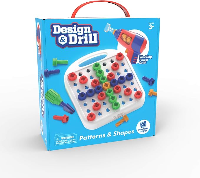 Educational Insights Design & Drill Patterns & Shapes - Creative Construction Toys, Kids Tool Set with Real Electric Power Drill Toy, Toddler STEM Toys for 3+ Year Old, Building Kit with Kids Tools