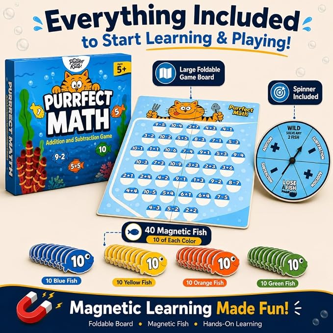Pidoko Kids Purrfect Math | Math Games for Kids Ages 5+ | Addition and Subtraction Magnetic Fish Game