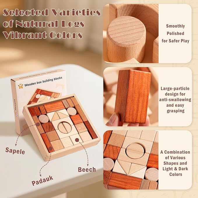 Adena Montessori 29-Piece Wooden Blocks Set, 3+ | Natural wood, 29 geometric solids for sorting, stacking & building. Boosts spatial reasoning & motor skills.