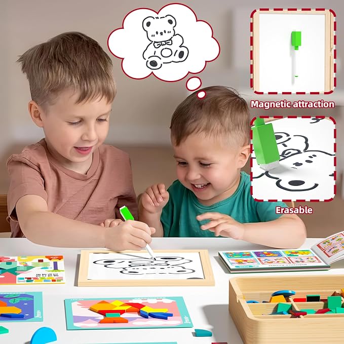 Wooden Magnetic Pattern Block Set with Cards & Pen, 248 Pcs Montessori Creative Magnetic Puzzle Toys for Toddlers 4-8, Learning Educational STEM Tangrams for Kids Boys Girls 4 5 6 7 8
