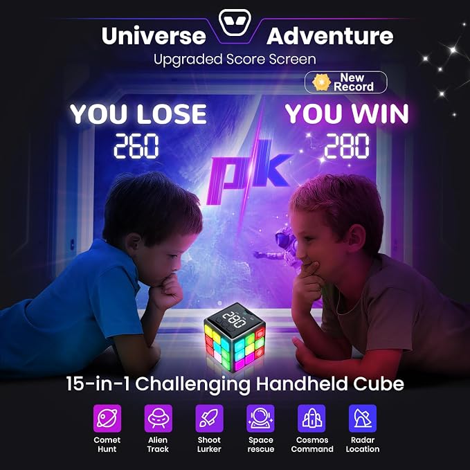Xinbeiya Rechargeable Handheld Cube with Games, 15 Fun Brain & Memory Games | Christmas Easter Birthday Gifts for Boys and Girls Ages 6-12+ Years Old with Score Screen, Toy Gifts for Kids, Black