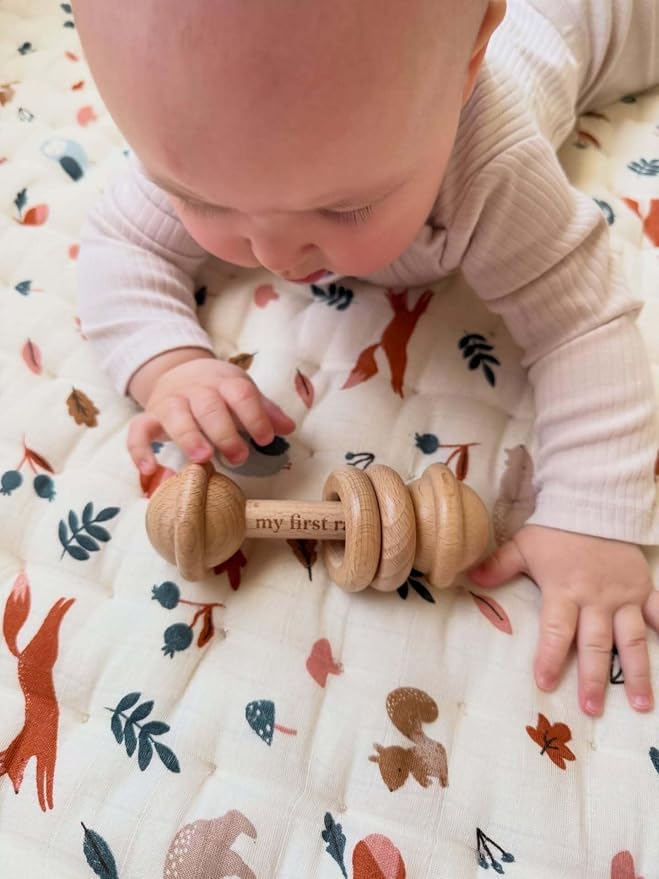 Pearhead Wooden My First Rattle and Teether, Baby Sensory Toy | Laser-Engraved Keepsake, Natural Beechwood, Easy-Grip Design, Fine Motor Skills, Newborn Tummy Time, New Parent Gift, Ages 0+