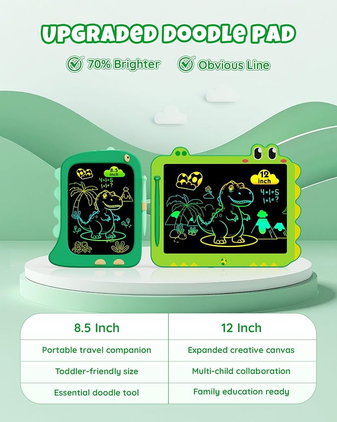 12 Inch LCD Doodle Board Tablet Toy - Green Dinosaur Drawing Pad for Kids 3-6 Years Old - Christmas and Birthday Gifts