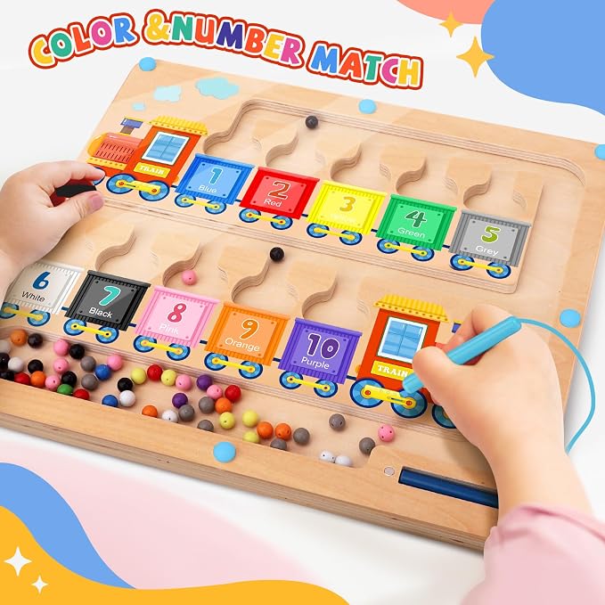 wakeInsa Magnetic Color and Number Maze,Montessori Toys for 2-5 Years Old Boys,Wooden Magnet Balls Puzzles,Toddler Busy Board,Preschool Learning Activities,Christmas & Birthday Gift for Kids