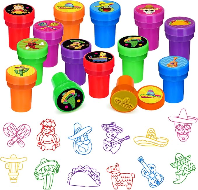 Cinrobiye 24 Pcs Mexican Fiesta Stampers for Kids,Party Favor Set, Mexico Party Favor Set Stampers, Cinco de Mayo Birthday Party Supplies, Classroom Rewards, Piñata Fillers, Goody Bag Stuffers