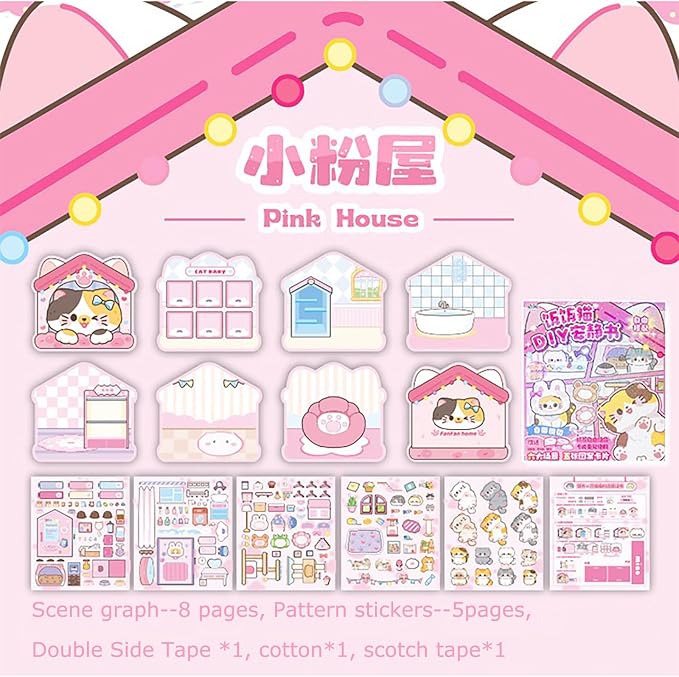 Cat Theme DIY Pre-Cut Sticker Quiet Book with 6 Pages of Background Scenes, Reusable Pretend Play Activity Book for Girls Birthday Gift, Pink