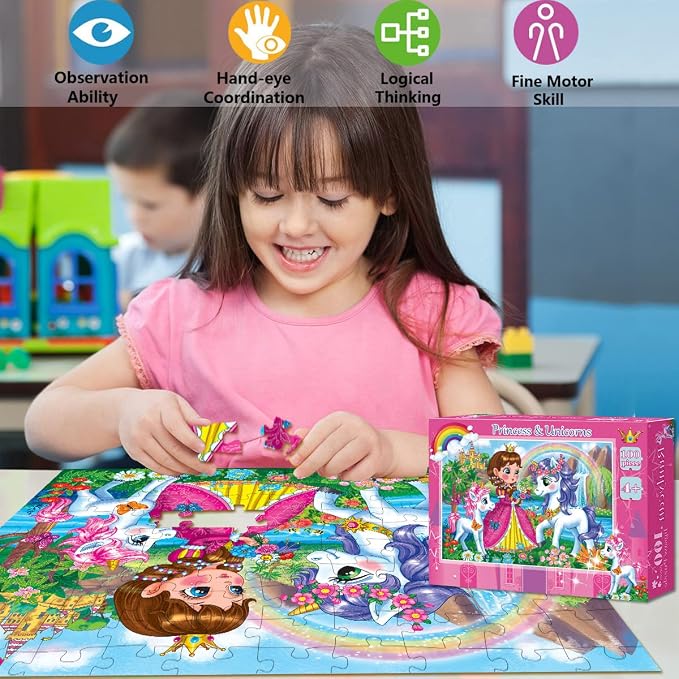 Puzzles for Kids Ages 4-6 6-8 Year Old - Princess & Unicorns | 100 Piece Jigsaw Puzzle for Toddler Children Learning Educational Puzzles Toys, Girls Birthday Gifts