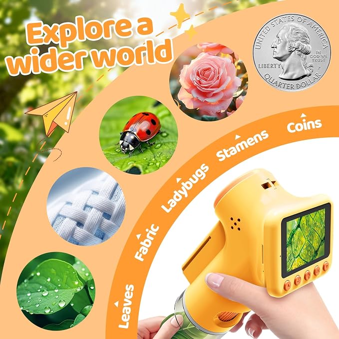 1600X Microscope for Kids, 2.0" Screen Kids Microscopes with Slides Kit Microscope for Toddlers Christmas Birthday Gifts Toys for 3-14 Year Old Children Students (Yelllow)