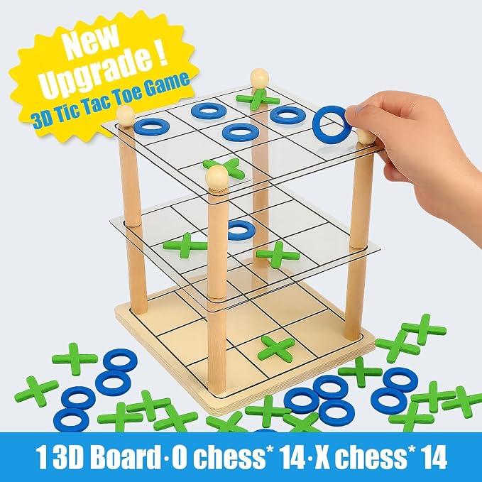3D Wooden Tic Tac Toe Board Game, Classic XO Strategy Game | Durable Tabletop Game for Kids and Adults, Fun Family Activity for Parties, Travel, Gatherings and Game Night