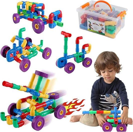 ZOZOPLAY STEM Learning Toy Tubular Pipes & Spouts & Joints 96 Piece Build Bicycle, Tank, Scootie, Moter Skills Endless Designs Educational Building Blocks Set for Kid Ages 3+ Multicolor | 96 pipes, spouts, and joints for kids 3+ to build vehicles while...