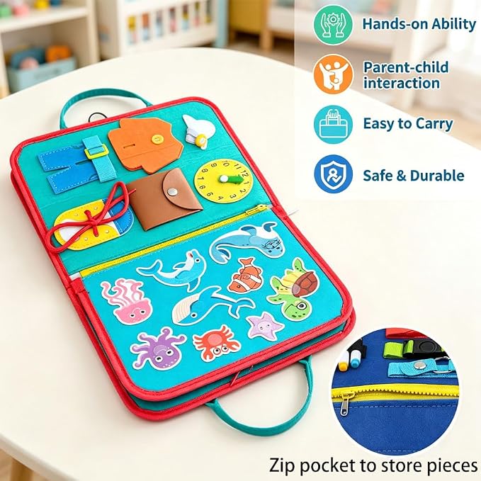Montessori Busy Board & Busy Book for Toddlers with 10+ Sensory Activities, Fine Motor Skills Learning Toy with Shoe Lacing Practice, Quiet Travel Toy for Airplane & Car, Birthday Gift for Boys Girls