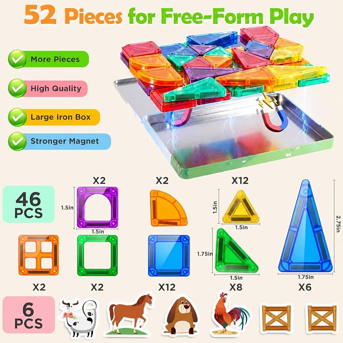 URMYWO Magnetic Building Tiles, Magnetic 3D Blocks Construction Playboards | 46 Pcs, STEM Creative Educational Toys for Kids Ages 4-8, Preschool Kindergarten Game, Farm Theme, Boy Girl Birthday Gifts