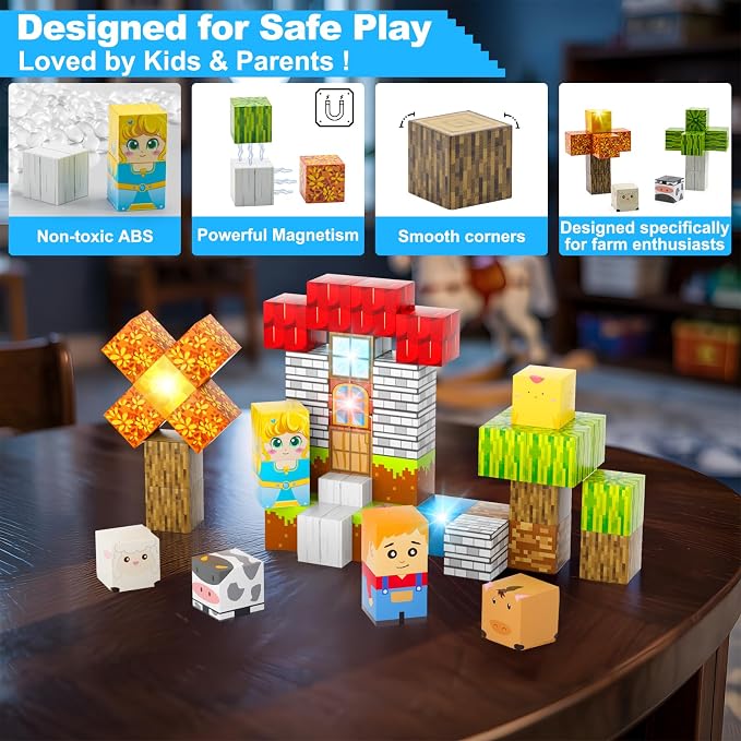 Magnetic Blocks 45 PCS Mini Travel Building Blocks with Iron Case Farm | Travel Toy for Airplane Plane Car Road Trip, STEM Learning Portable Building Toys Boys & Girl, Gift for Toddler Kids Ages 3-5
