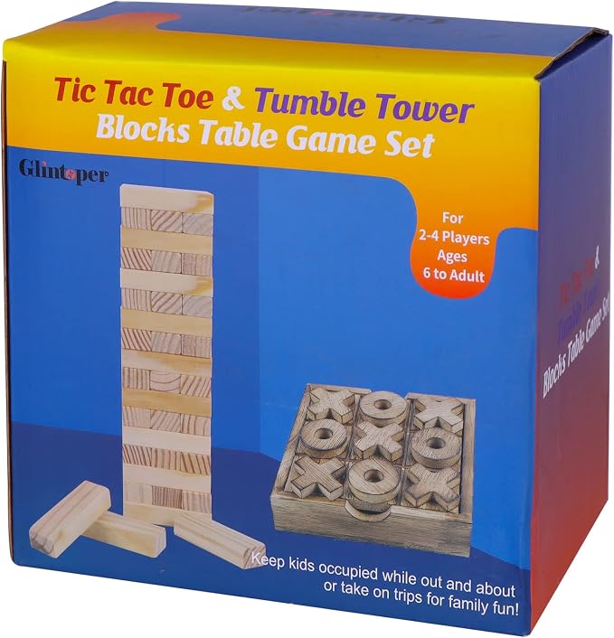Glintoper Tic Tac Toe & Tumble Tower Blocks Tables Game Set, Classic Wood Stacking Game & XOXO Board Games for Kids Family, Living Room Rustic Coffee Table Decor, Travel Strategy Board Games