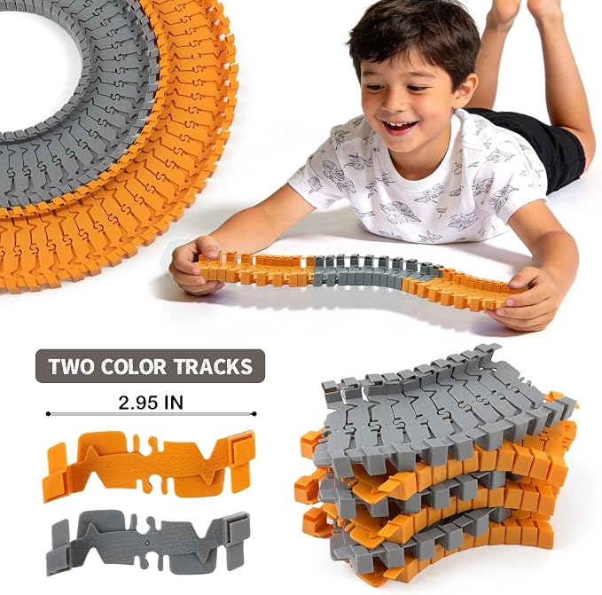 100 Pcs Construction Flexible Track Expansion Kit for Kids – Birthday Gift for Boys Ages 3, 4, 5, 6, 7,Compatible with Most Engineering Track Sets, Add-On Accessory Toy for Building Raceway