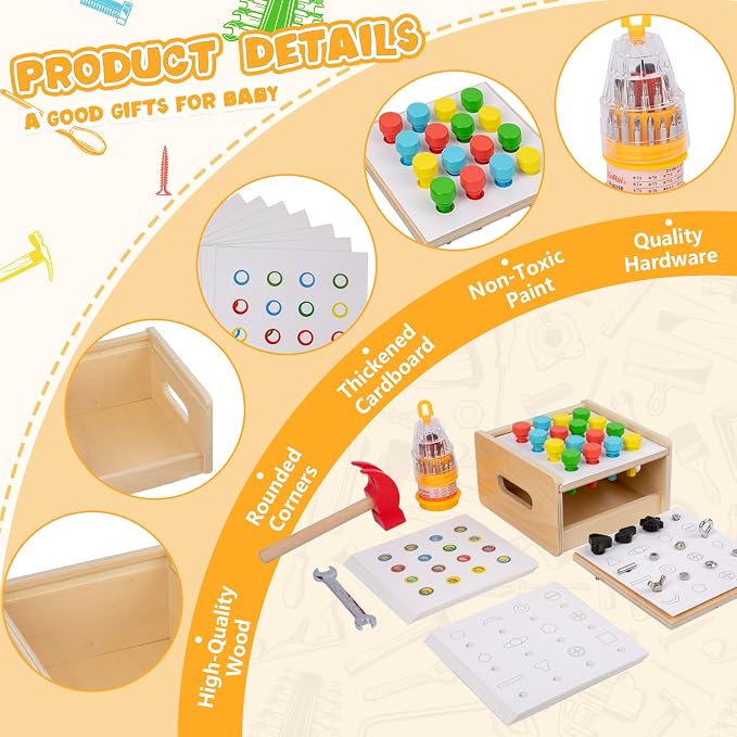 Adena Montessori 2 in 1 Montessori Screwdriver Board Set & Hammer Peg Toy Game Wooden Tool Set for Kids 3 4 5 Year Old