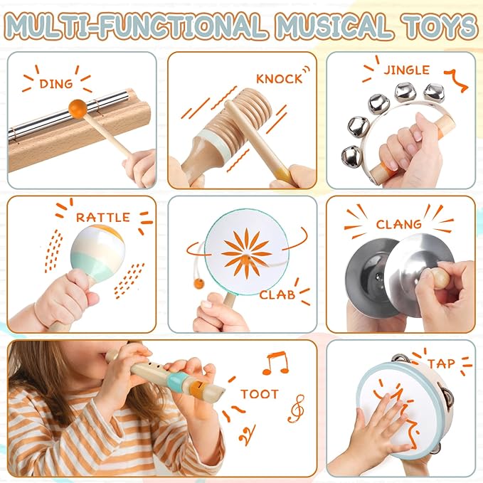 Baby Musical Instruments - Montessori Wooden Musical Toys for Toddlers Kids | Tambourine Percussion Instruments Set, Preschool Music Learning Sensory Toys, Educational Birthday Gifts for Boys Girls