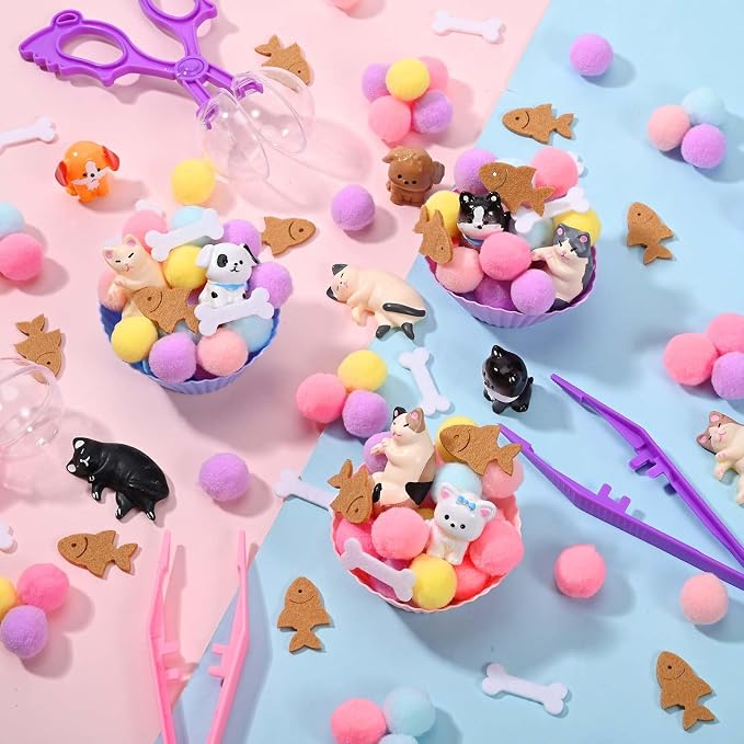 Sanixn 207 Pcs Pet Sensory Bin Fillers Dog and Cat Fine Motor Skills Pet Sensory Bin Item Pompoms Cups Tweezers Scissor Clips for Sorting Counting Fun Activities(Pet)