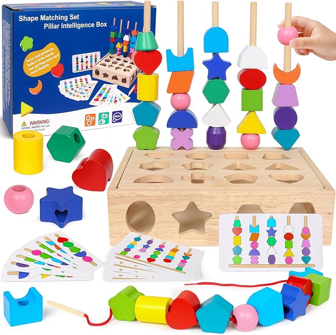 ROOCHKD Wooden Sorting Toy Lacing Beads Sequencing Toy for 3yrs+ | Preschool Learning toy, Class Activity, Toddlers Fine Motor Game, Colors &Shapes sorting, Educational Gifts