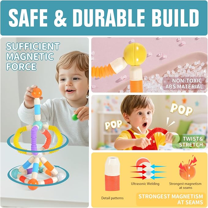 58PCS Extendable Magnetic Building Sticks STEM Montessori Toy Set Ages 3-7 | Non-toxic ABS Sealed Magnets. Extendable Bendable Sticks & Balls 3D Construction. Parent-Child Play Parties School Kids Gift