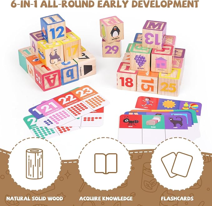 Wooden ABC Building Blocks for Toddlers,30 PCS Montessori Alphabet & Number Learning Toy with Matching Cards, Preschool Educational Toy for Stacking, Counting, Sensory Play, Gifts for Kids Boys Girls