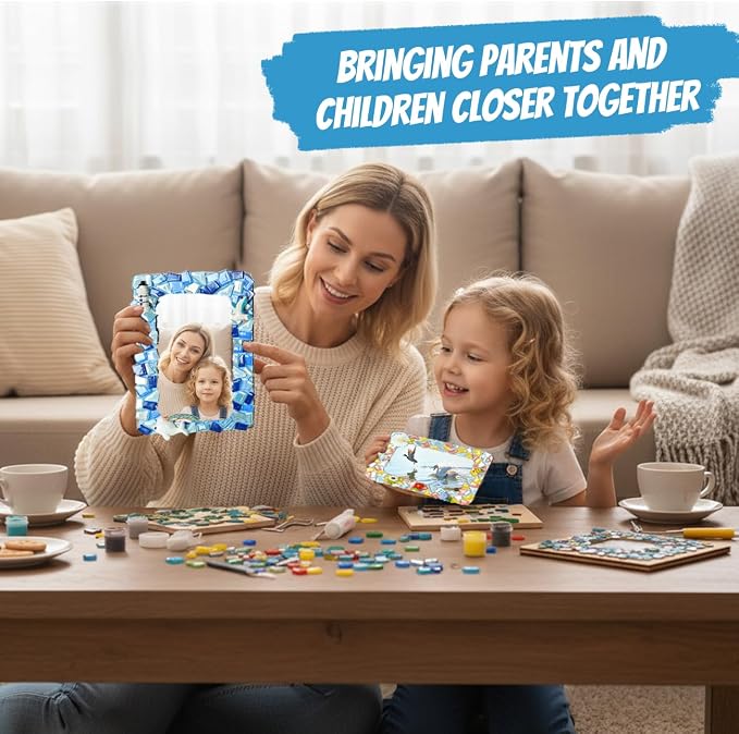 A&H Zier Mosaic Kit 3-Pack 5x7/4x6 DIY Photo Frames Craft for Kids 6+ | Mosaic kit for kids 8-12 3 wooden frames (fit 4x6/5x7) 200+ glass tiles non-toxic glue tools&instructions Fun family activity