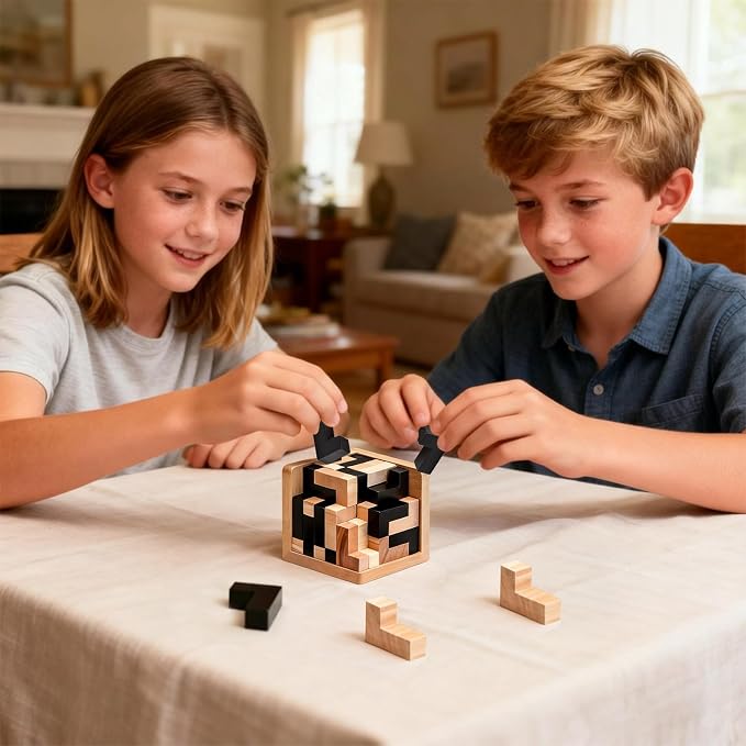 5PCS Wooden Puzzles for Adults & Kids – Cube & Shape Brain Teasers, Logic & Educational Games, Family Fun