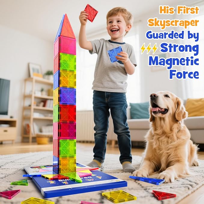 Large Magnetic Tiles for Kids: Durable Jumbo Blocks with Welded Case | 7.5cm tiles for toddlers ages 3-8. Ultrasonic welded safe magnets. Compatible with major brands. STEM Montessori learning toy
