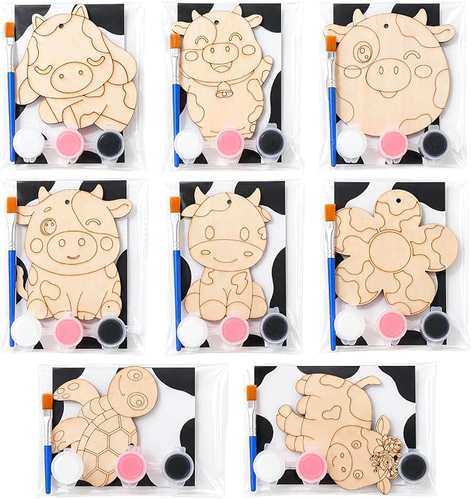 Saypacck 24 Pcs Party Favors Wooden Painting Craft Kits Birthday Party Supplies with Organza Bag for Goodie Bags Fillers Adult Thank You Gifts(Cow)