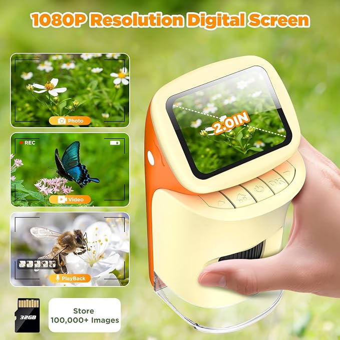 Kids Digital Microscope 1000X with 2.0" Screen | Handheld Rechargeable Microscope Kit with Slides, Portable STEM Science Toy for Kids Ages 5-12, Educational Gift for Boys & Girls