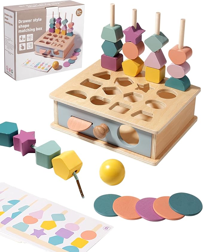 Biottro Montessori Toys for 3 4 5 Year Old - 5 in 1 Learning Education Toy for Toddler Kid Boys Girls - Shape Matching Stacking Color Sorting Beads Lacing Sensory Fidget Gifts