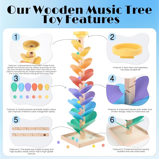 Wooden Marble Run for Kids 4-8 Music Tree Montessori Color Sorting Toys 3-5 | Wood Music Tree Toys Marble Ball Run Boys Girls Learning Color Sorting Game Birthday Gift