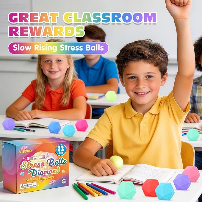 VISCOO 12 Pack Diamond Slow Rising Stress Balls, Stress Cube, Cube Squishy | Squishy Fidget Toys for Anxiety Relief, Dough Squeeze Toys for Classroom Prize, Party Favors for Kids Adults