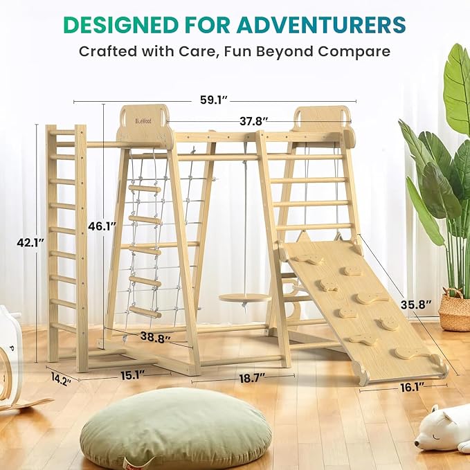 Upgraded Indoor Jungle Gym 9-in-1 Playground Kids Climbing Toys | Waldorf Style Wooden Climber Playset with Slide, Swing, Monkey Bars, Upright/Rope Ladder, Climb Net, Natural Wood Color