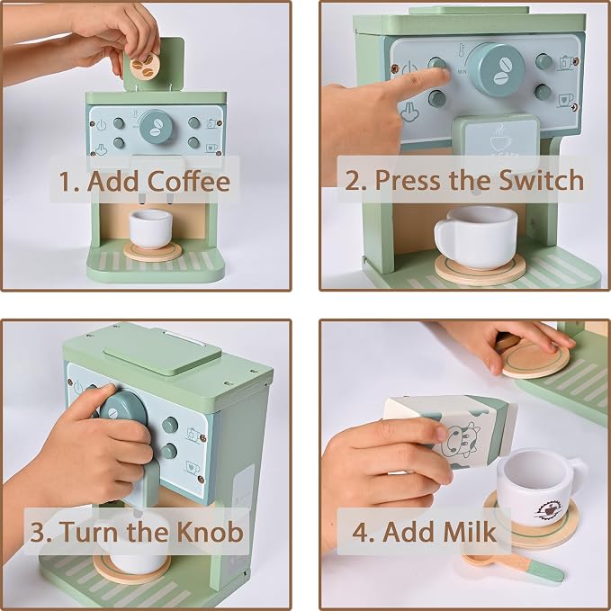 Green Coffee Maker Toddler Pretend Play Kitchen Accessories | Kids Wooden Toys Espresso Machine Playset Montessori Kitchen Toy Gift for Girls and Boys