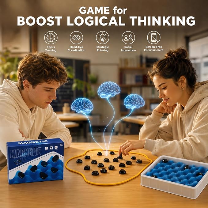 Magnetic Chess Game with Foam Board, String, 24 Stones, Strategy Puzzle Game for Kids and Adults, 2 Players, Family, Party, Travel, Camping