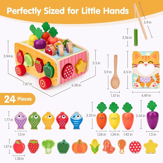 hahaland Montessori Toys 18 Month Old Girl Gifts, Wooden Toddler Toys 2-3 | Feeding Toy, Shape Sorter, Color Sorting, Magnetic Fishing, Pull Along, Fine Motor Skills Birthday Gifts