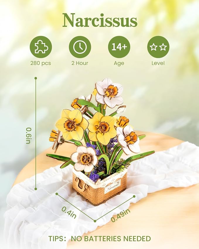 Rowood 3D Puzzles for Adults,Mother's Day DIY Wooden Flower Narcissus Craft Kit,Artificial Flower Botanical Collection,Christmas Birthday Decoration Centerpiece for Table