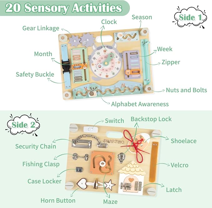 Double-Sided Wooden Busy Board for Toddlers, Sensory Activity Board, Montessori Travel Toy for Kids, Educational Toy for Autism, Ideal Choice for Baby Girls or Boys Birthday | Educational Learning Toy Wooden for Kids Aging 3 to 5 Years Old, Ideal Choic...