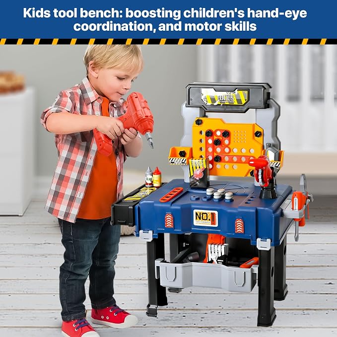MUGEYMYD Kids Tool Bench Set with Electric Drill and Realistic Tool | Pretend Play Construction Workbench Toys for Toddlers, Build a Kids Tool Workshop Set for Boys and Girls, Ages 3-8