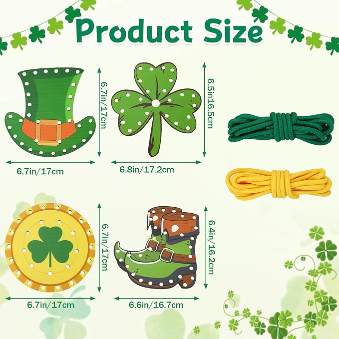 JULEASEL Lucky Lacing Cards Wooden Crafts Fine Motor Skills | Fun shamrock and holiday themed designs perfect for St. Patrick’s Day craft and classroom activities.
