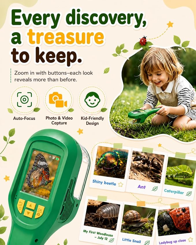 Bug Catcher for Kids with Camera & Auto-Focus | Digital Microscope,Outdoor Explorer STEM Science Kit, Birthday Gifts for Boys Girls Ages 3-8