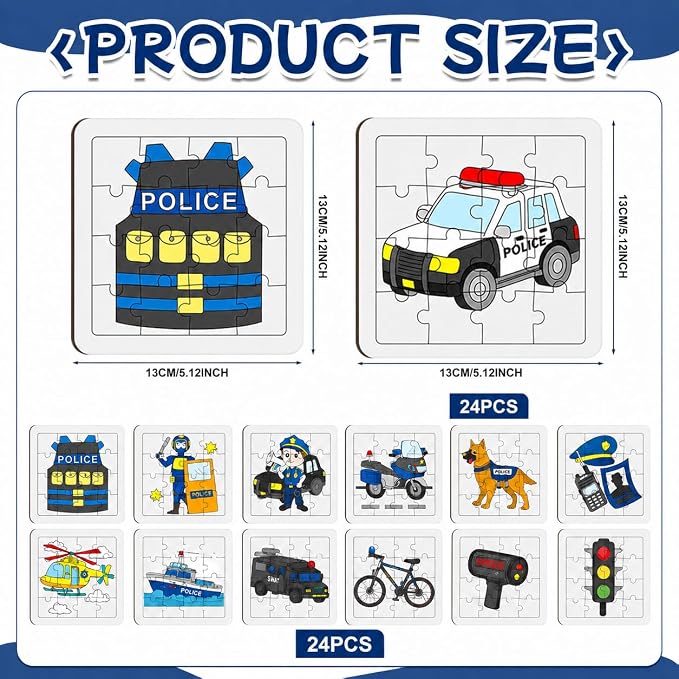 Cinrobiye 24 PCS Police Coloring Puzzle Craft Kit for Kids, DIY Officer Jigsaw Activity Set Bulk with 12 Designs, Law Enforcement Birthday Party Favors, Classroom Art Games, Creative Rewards