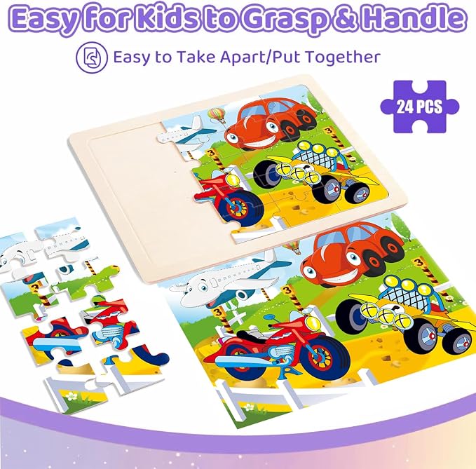 Wooden Jigsaw Puzzles for Kids Ages 4-6, 4-Pack 24-Piece Puzzles Toy | Wood Puzzles Set, Toddler Brain Teaser Toys, Gifts for Boys Girls Ages 3 4 5 6