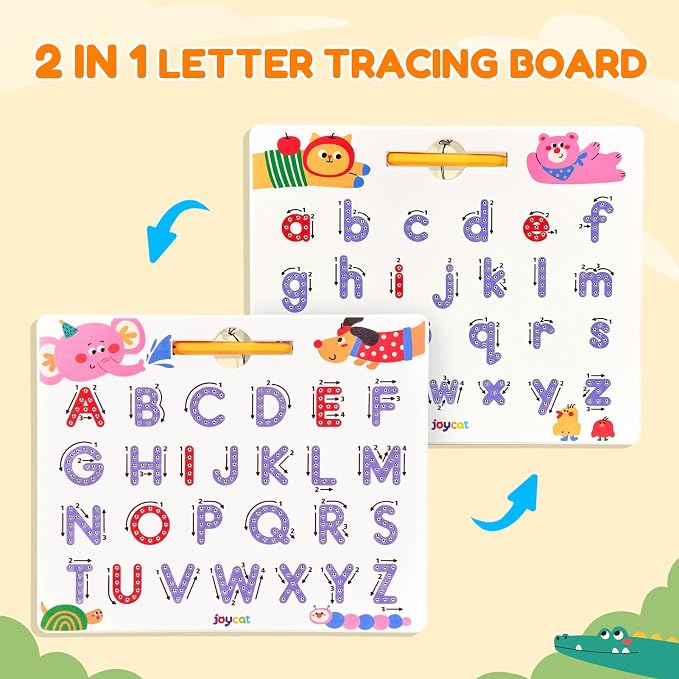 JoyCat Magnetic Animal Letter Tracing Board, Double-Sided ABC Writing Toy | Uppercase/lowercase writing practice builds preschool skills; road trip car activities for toddlers and kids ages 3-5.
